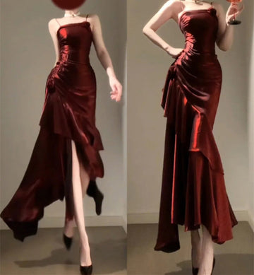 Sheath Spaghetti Straps Burgundy Holiday Dress Birthday Dresses Birthday Outfit SD1300 HZ0628